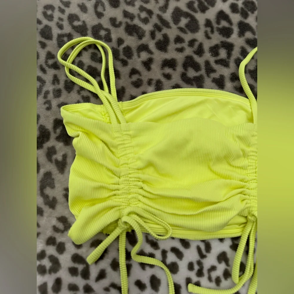 Aerie Ruched Ribbed Longline Bandeau Bikini Top in Yellow Infusion Size Small